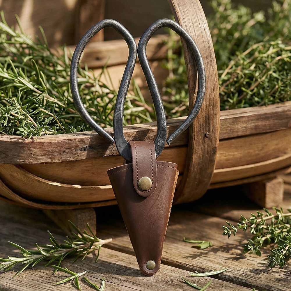 Large steel garden scissors with leather pouch