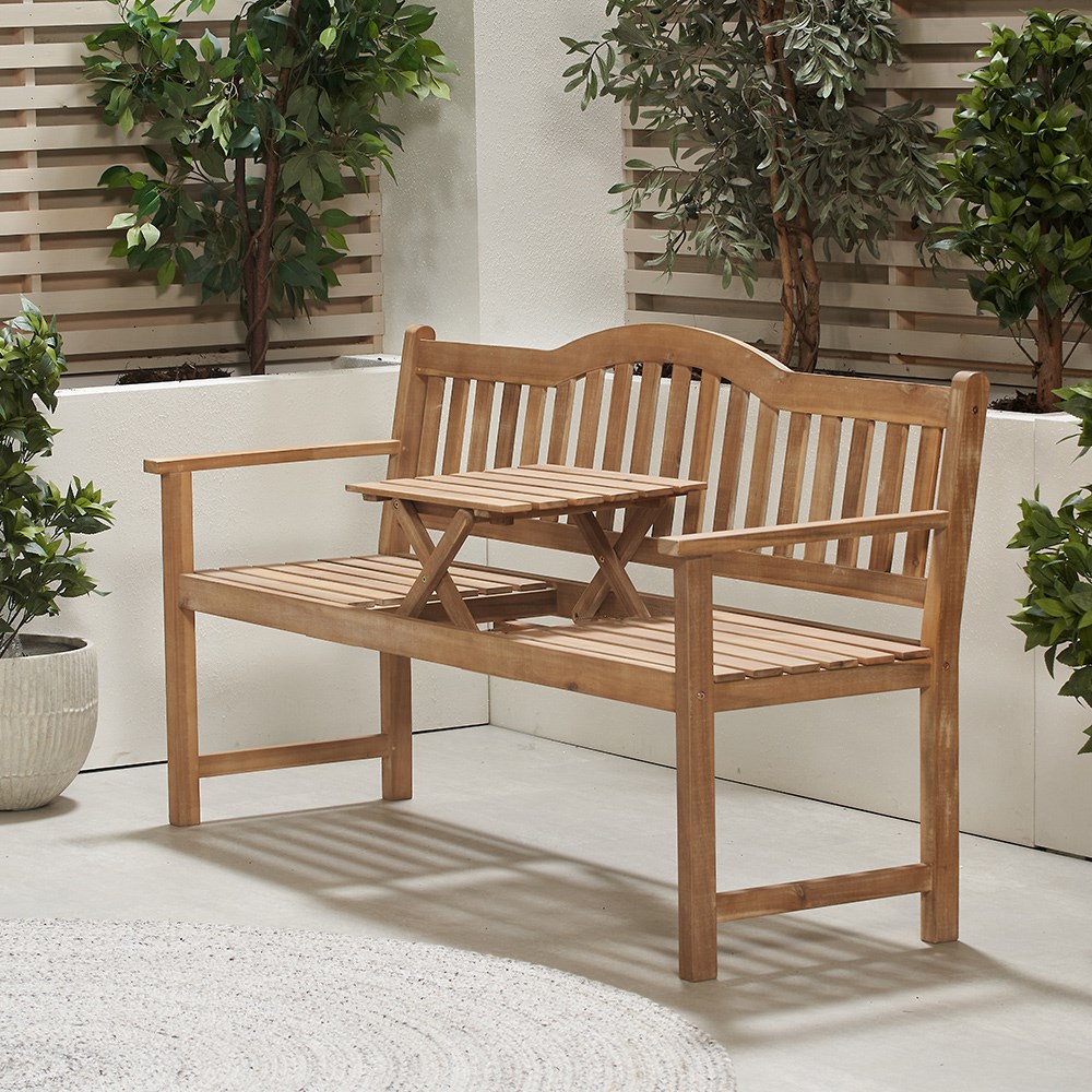 Garden bench with coffee table - light teak