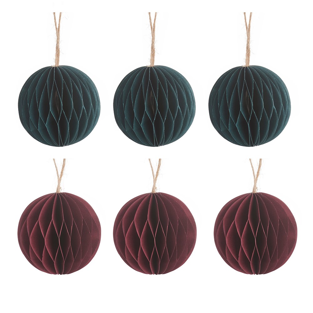 Green and burgundy honeycomb paper decorations - set of 6