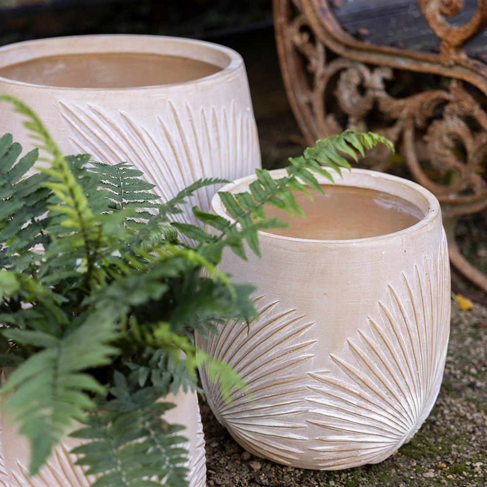 Set of three planters with embossed leaf design