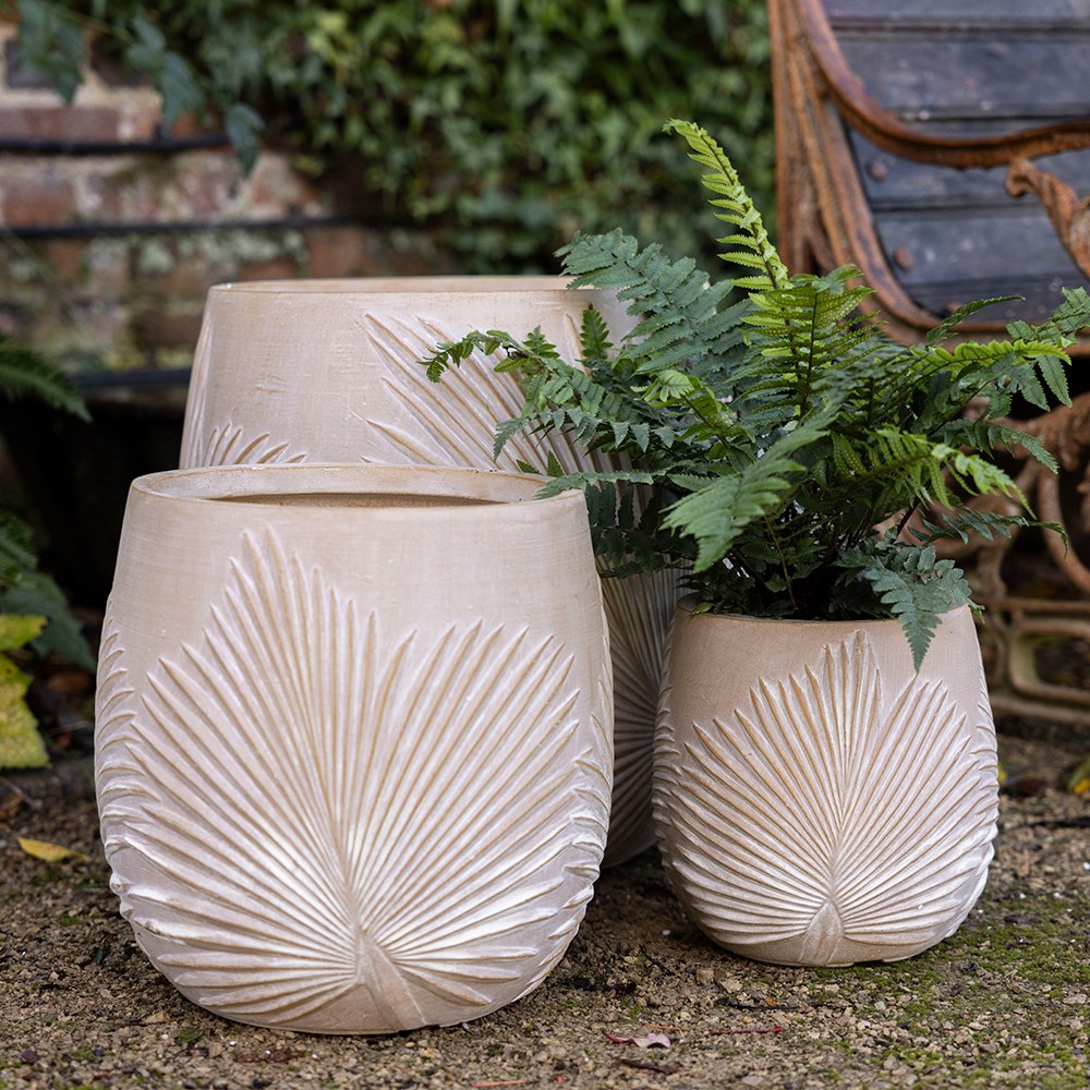 Set of three planters with embossed leaf design