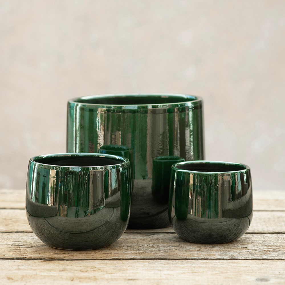 Glazed round plant pot - dark green
