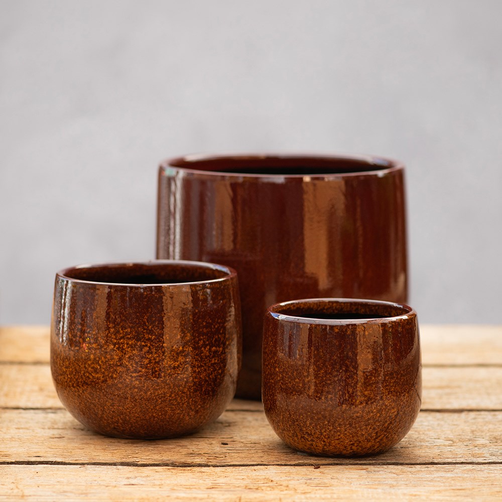 Glazed round plant pot - rust