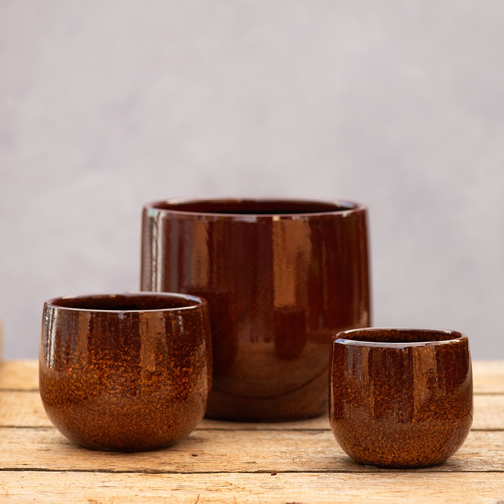 Glazed round plant pot - rust
