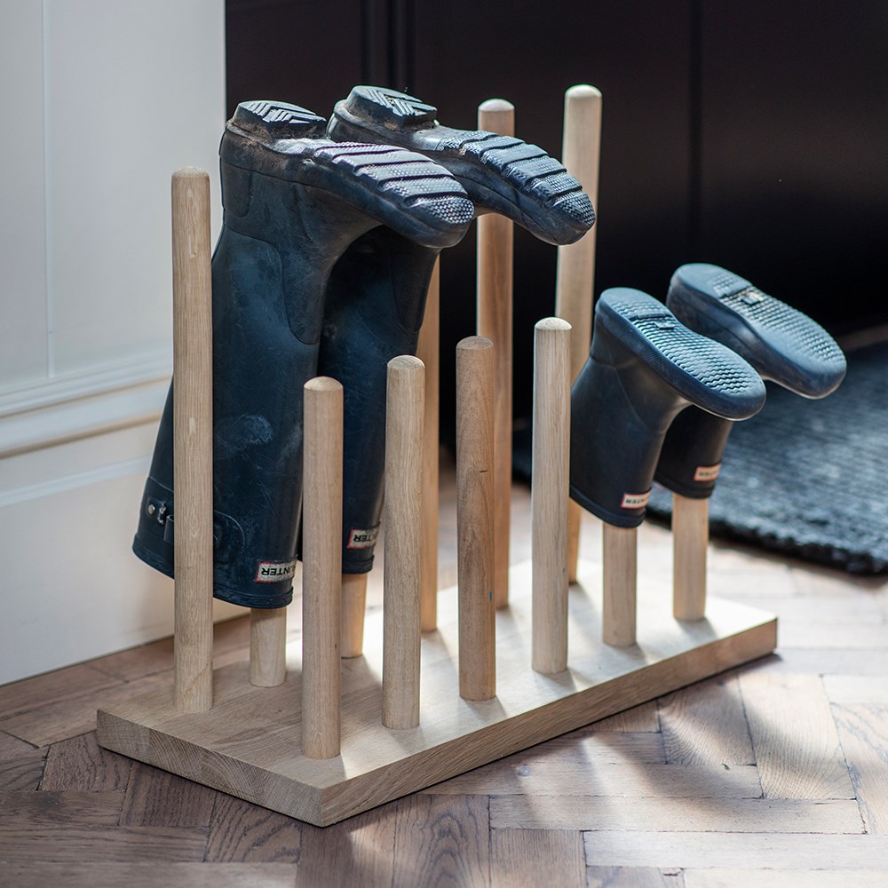 Oak six pair welly boot stand 