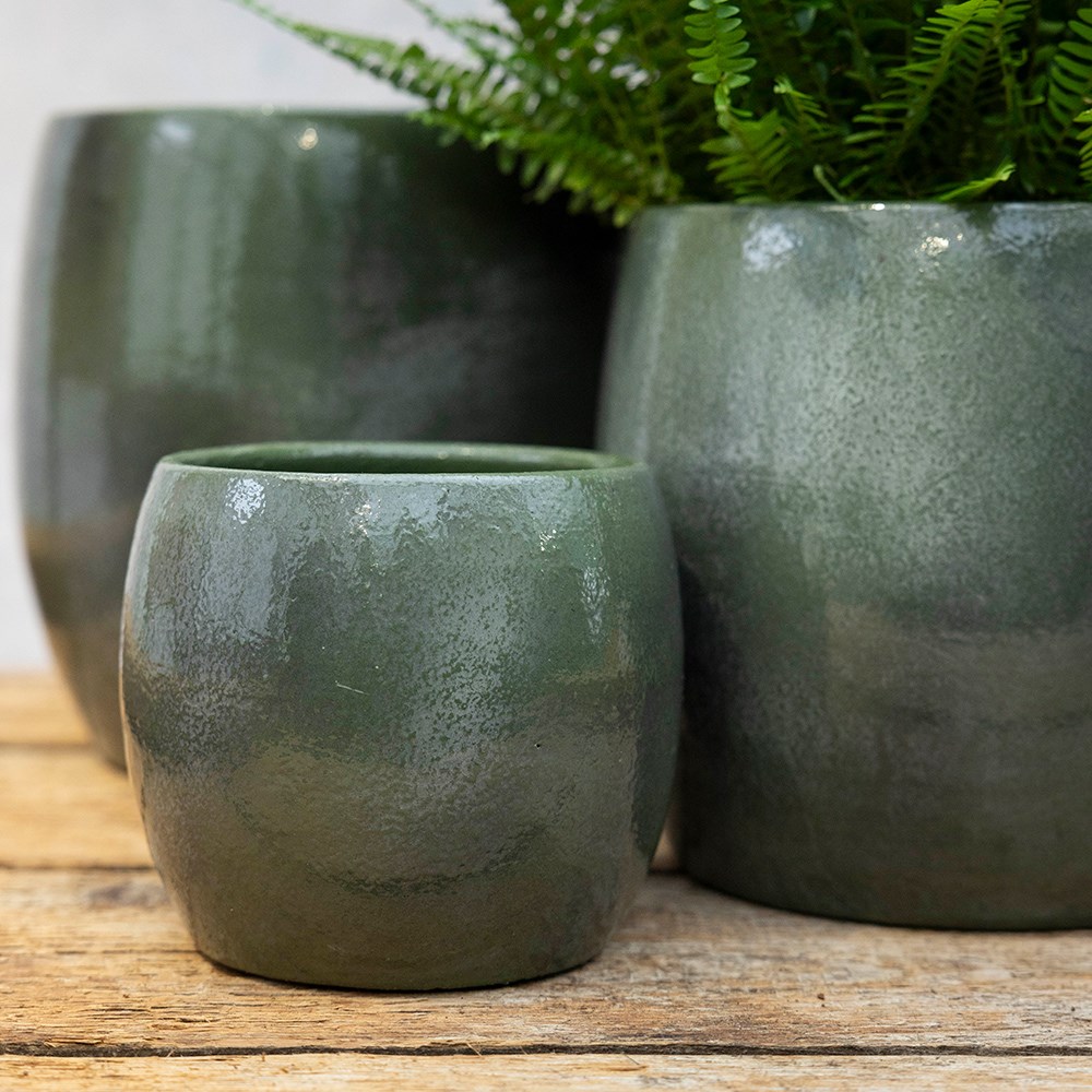 Glazed round plant pot - rustic green
