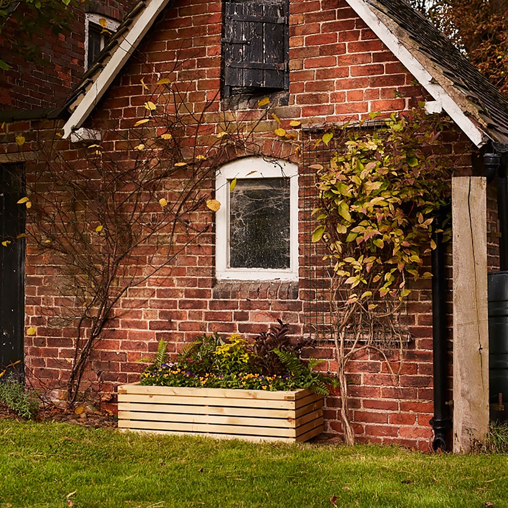 Slatted rectangular timber planter