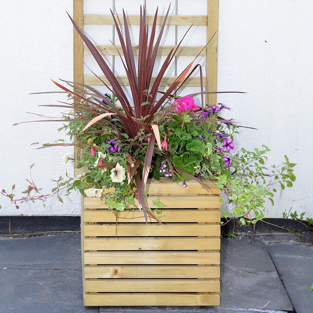 Slatted square timber planter
