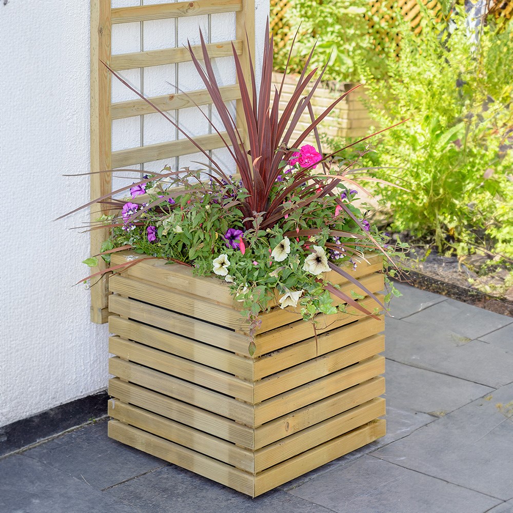 Slatted square timber planter