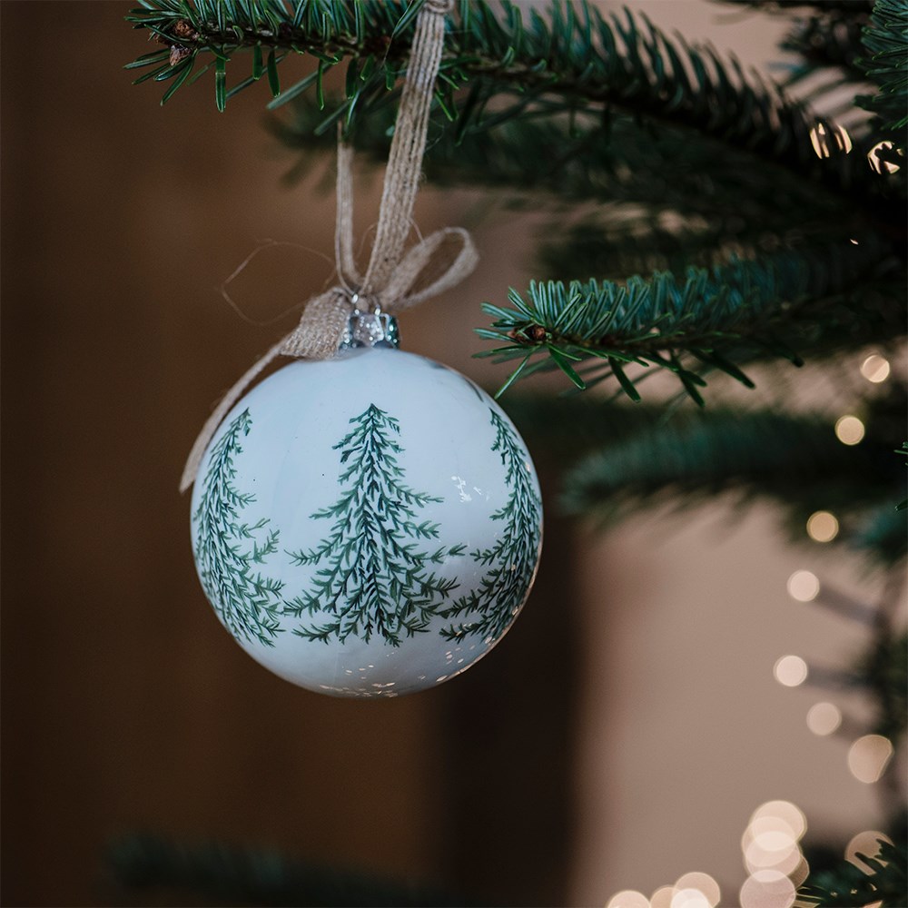 Green and white tree printed bauble