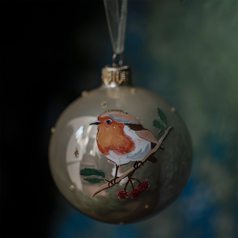 Hand painted robin glass bauble