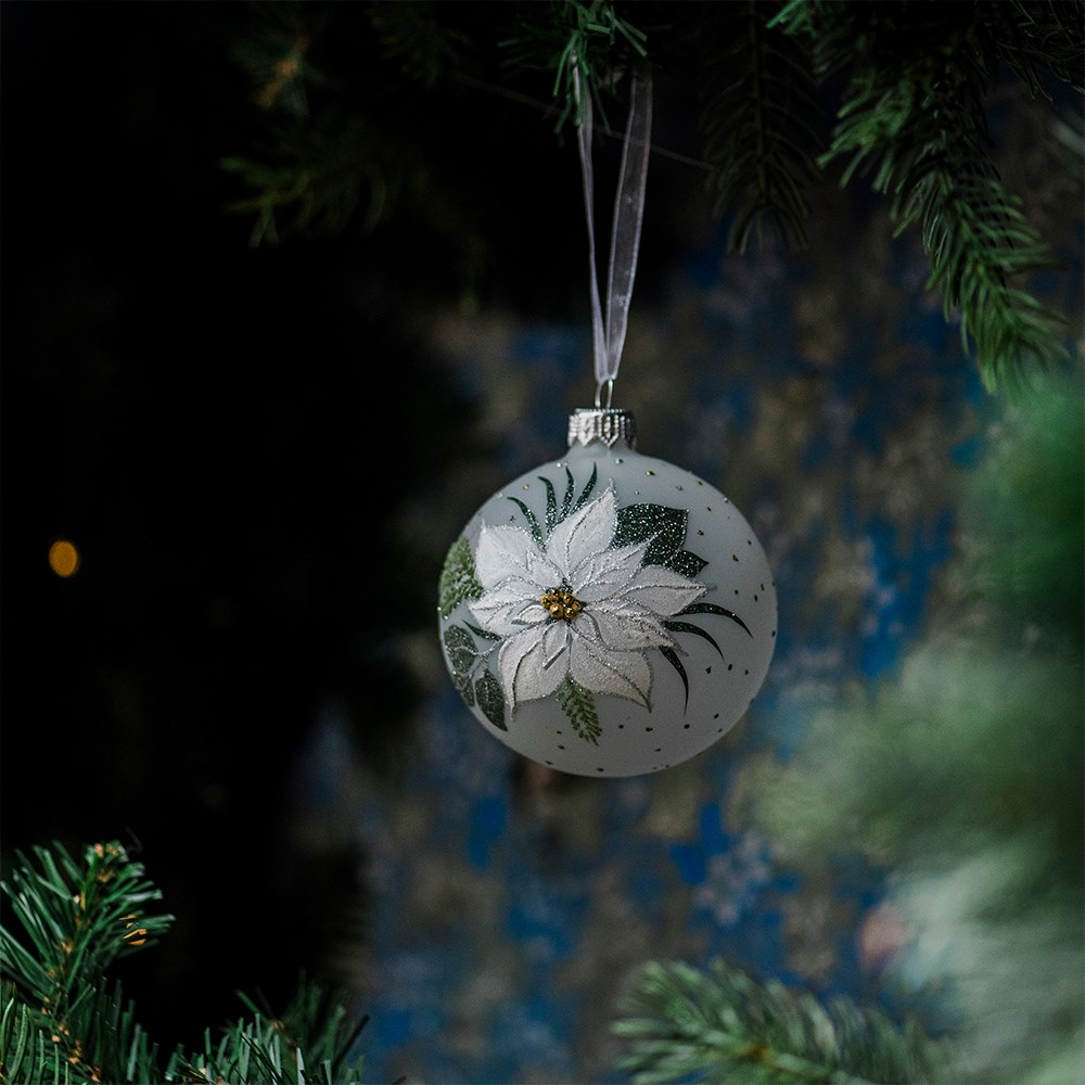 Hand painted white poinsettia glass bauble