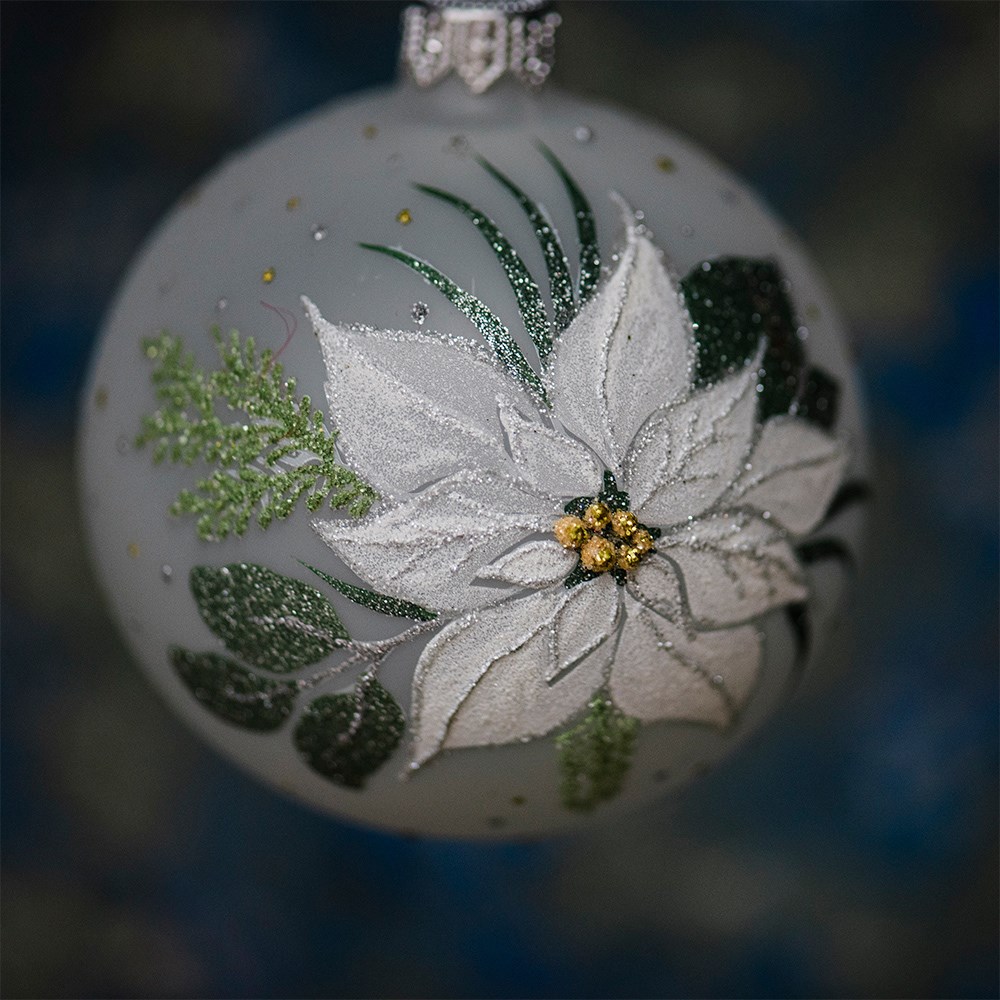 Hand painted white poinsettia glass bauble
