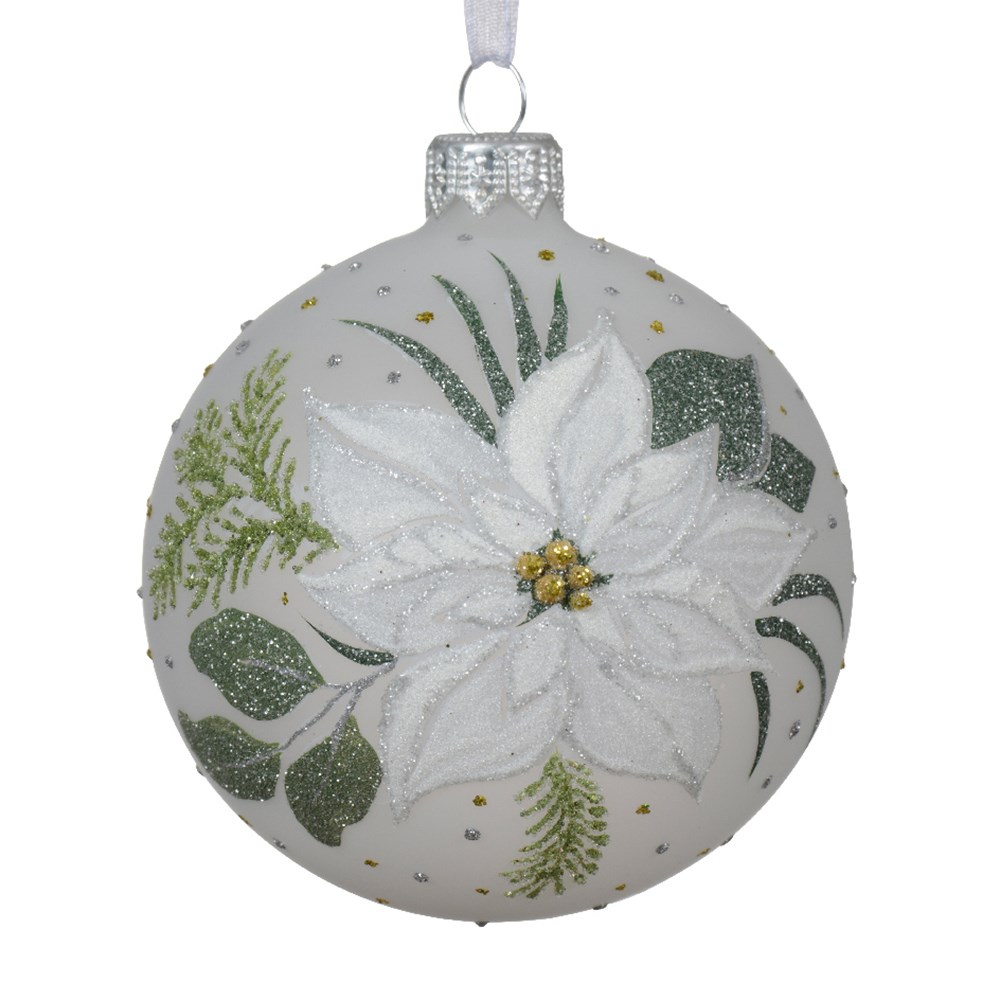 Hand painted white poinsettia glass bauble