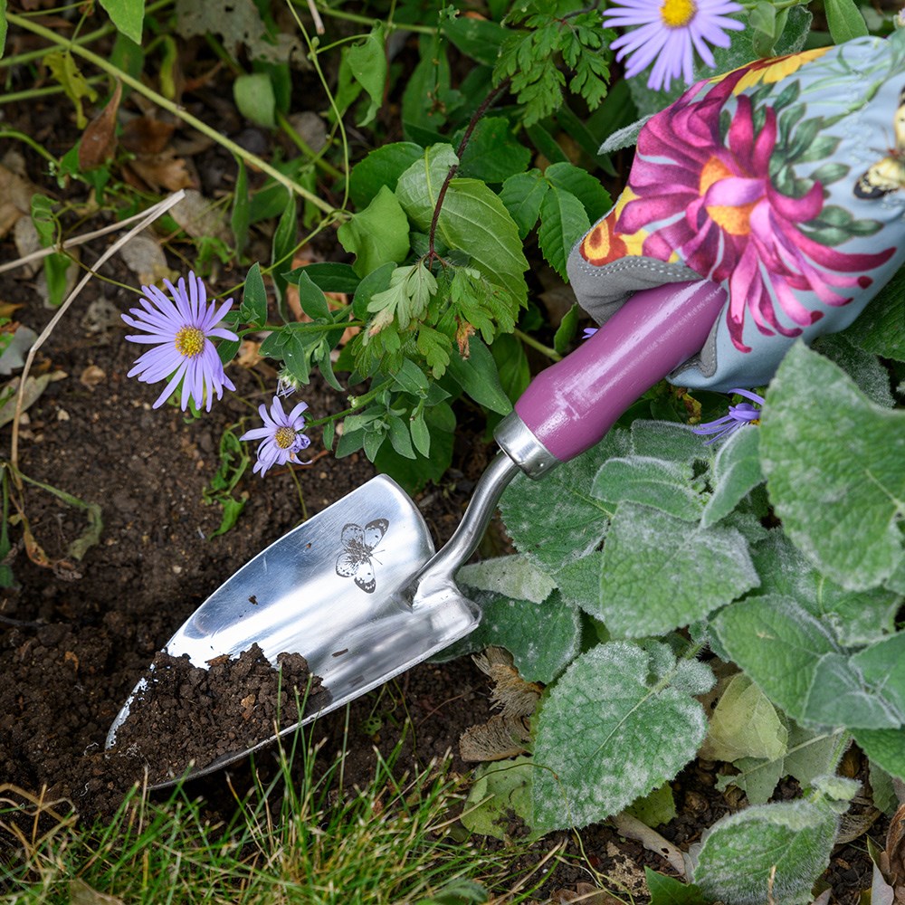 RHS Burgon and Ball trowel and fork gift box floral print - asteraceae