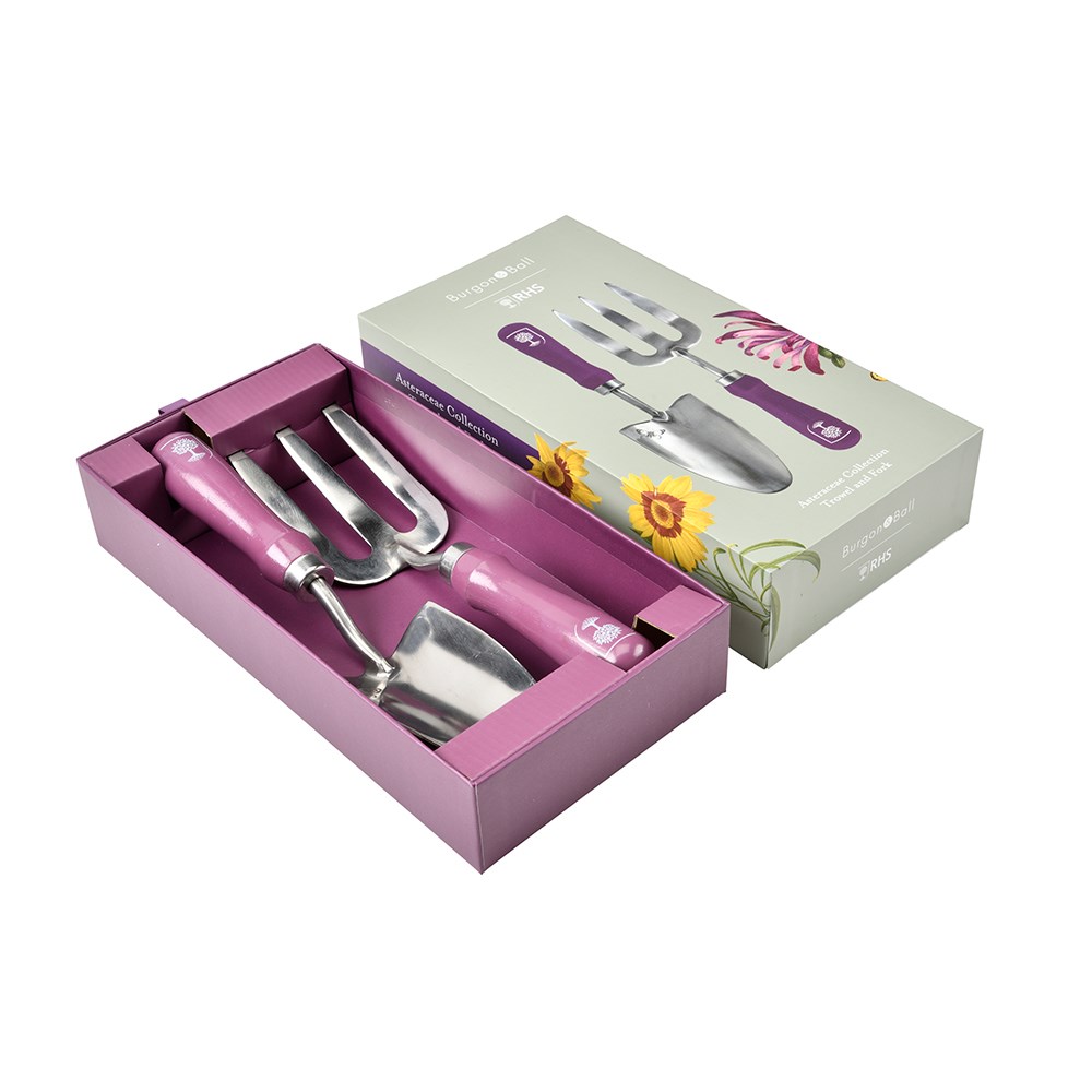 RHS Burgon and Ball trowel and fork gift box floral print - asteraceae