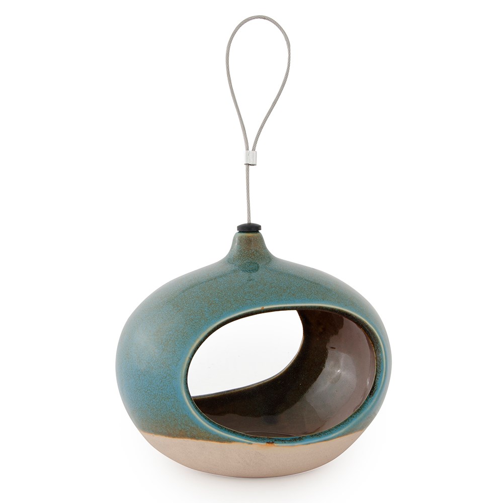 Ceramic hanging bird seed feeder - green