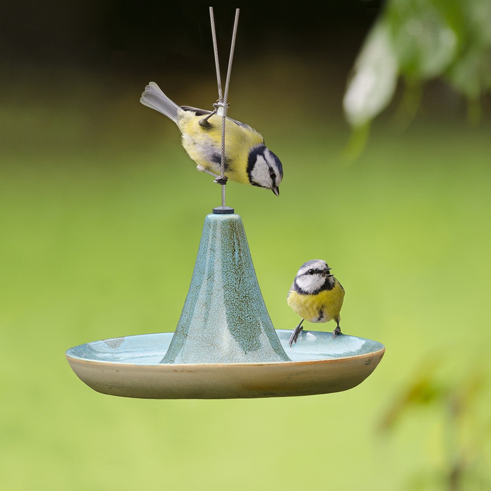 Ceramic hanging bird water / feed dish - green