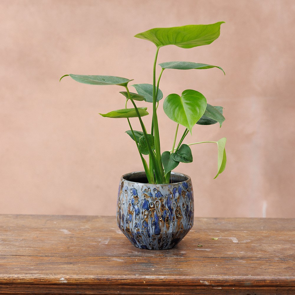 Reactive glazed plant pot - blue
