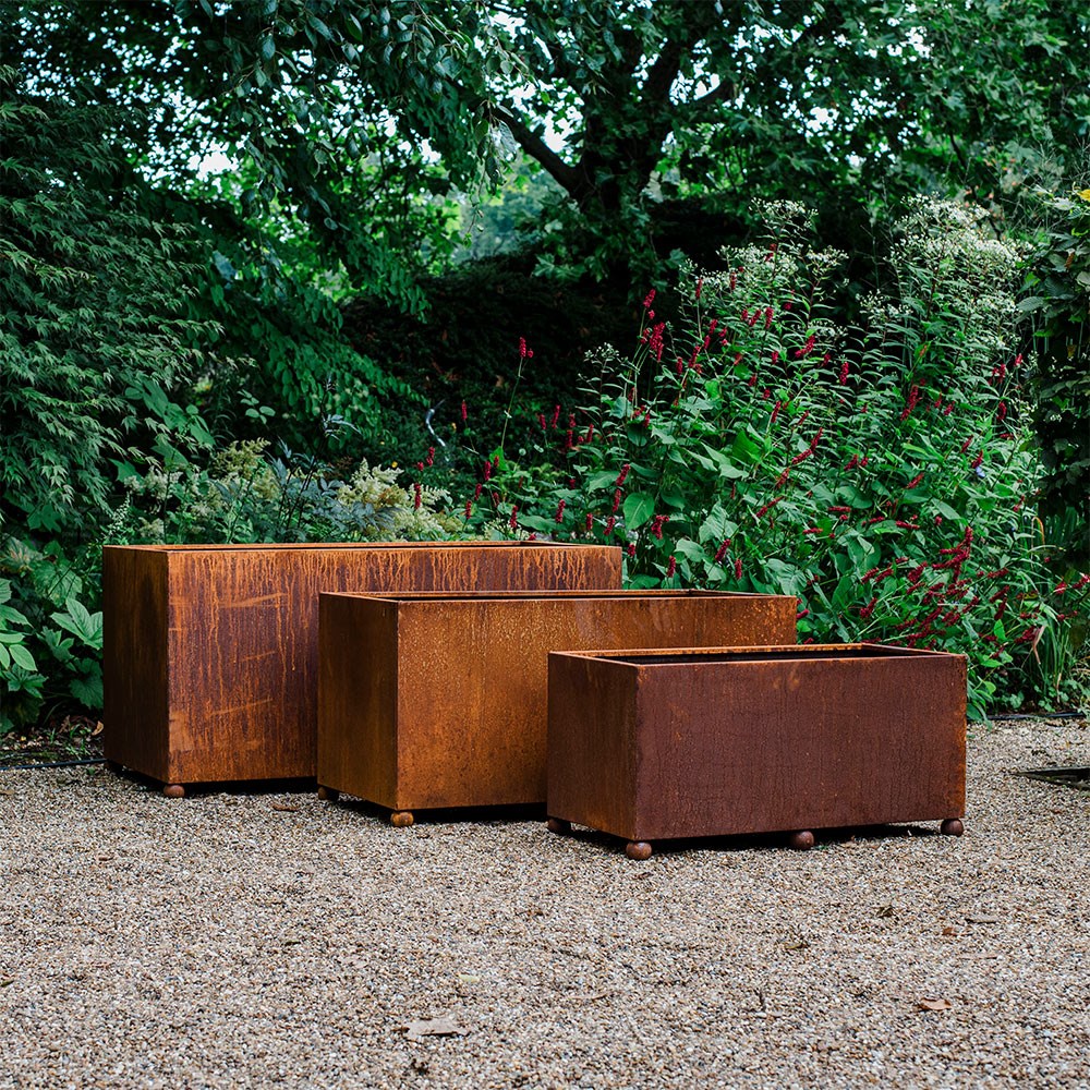 Corten steel rectangular planter - rust
