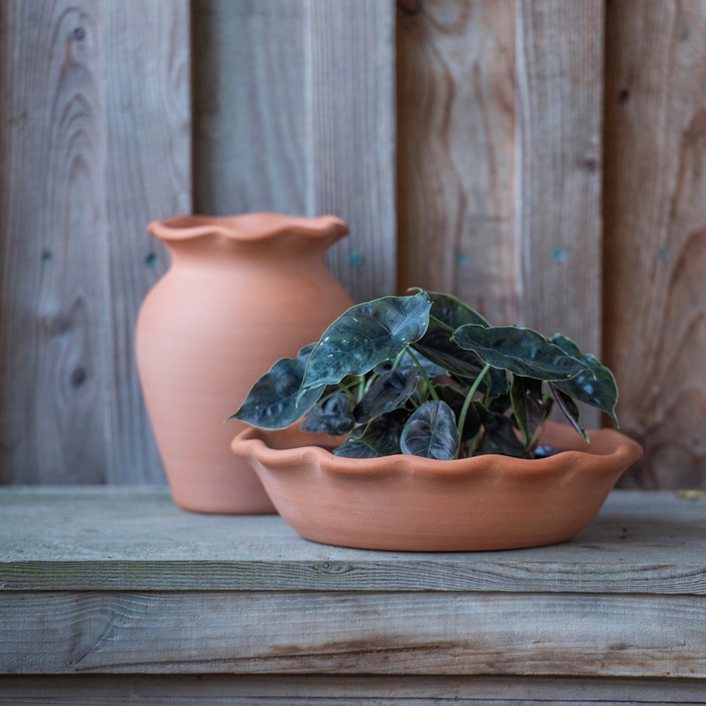 Terracotta ruffle bowl with glazed interior 