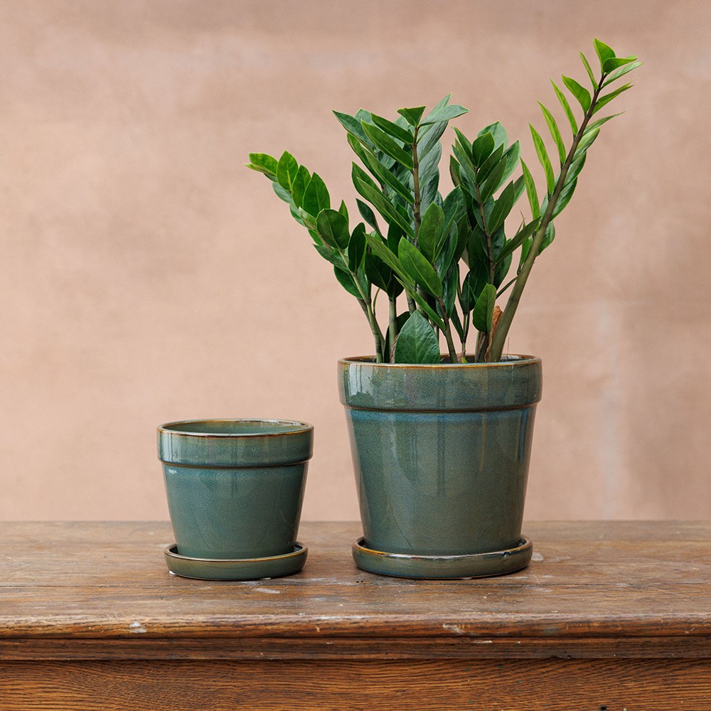 Reactive glaze plant pot with saucer - green 