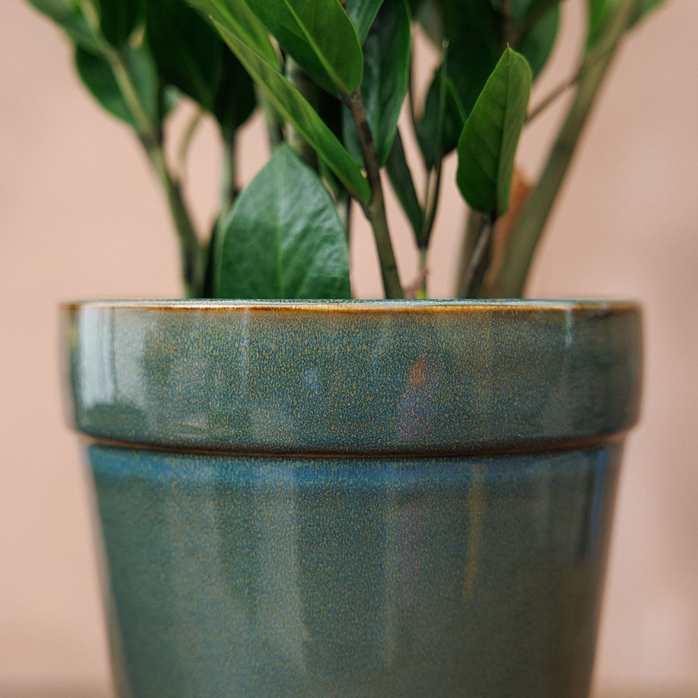 Reactive glaze plant pot with saucer - green 