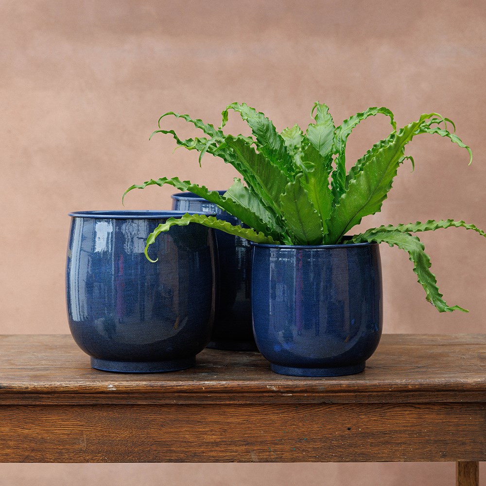 Lightweight large metal plant pot blue - set of 3