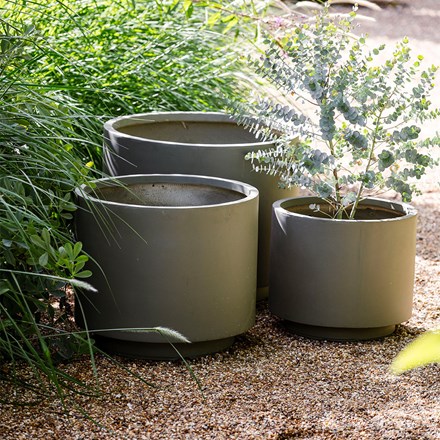 Set of three cylinder footed planters - khaki