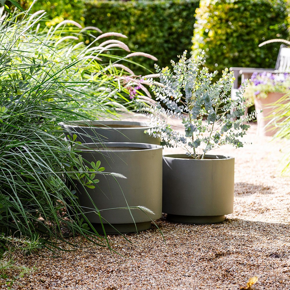 Set of three cylinder footed planters - khaki 