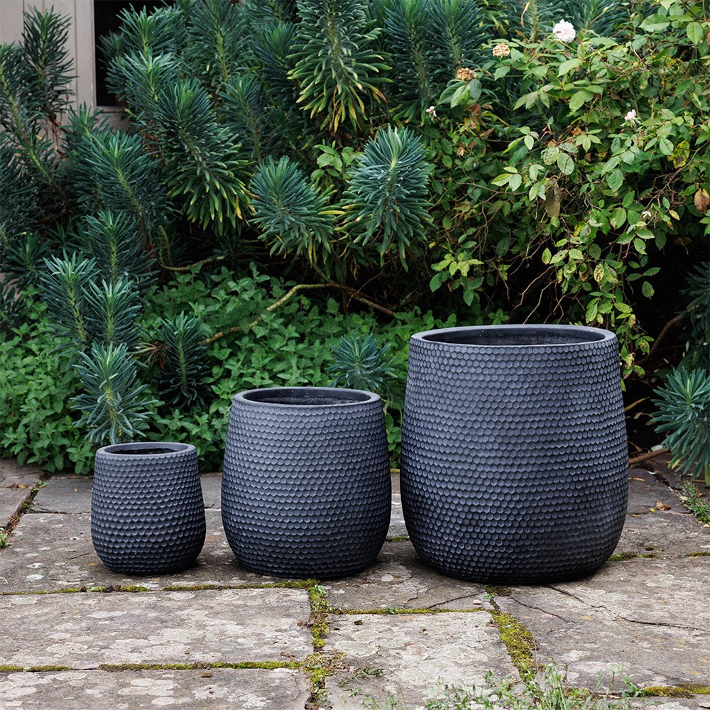 Set of three honeycomb textured planters - black