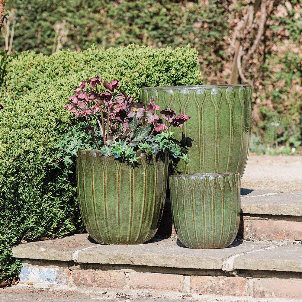 Glazed embossed droplet planter - khaki