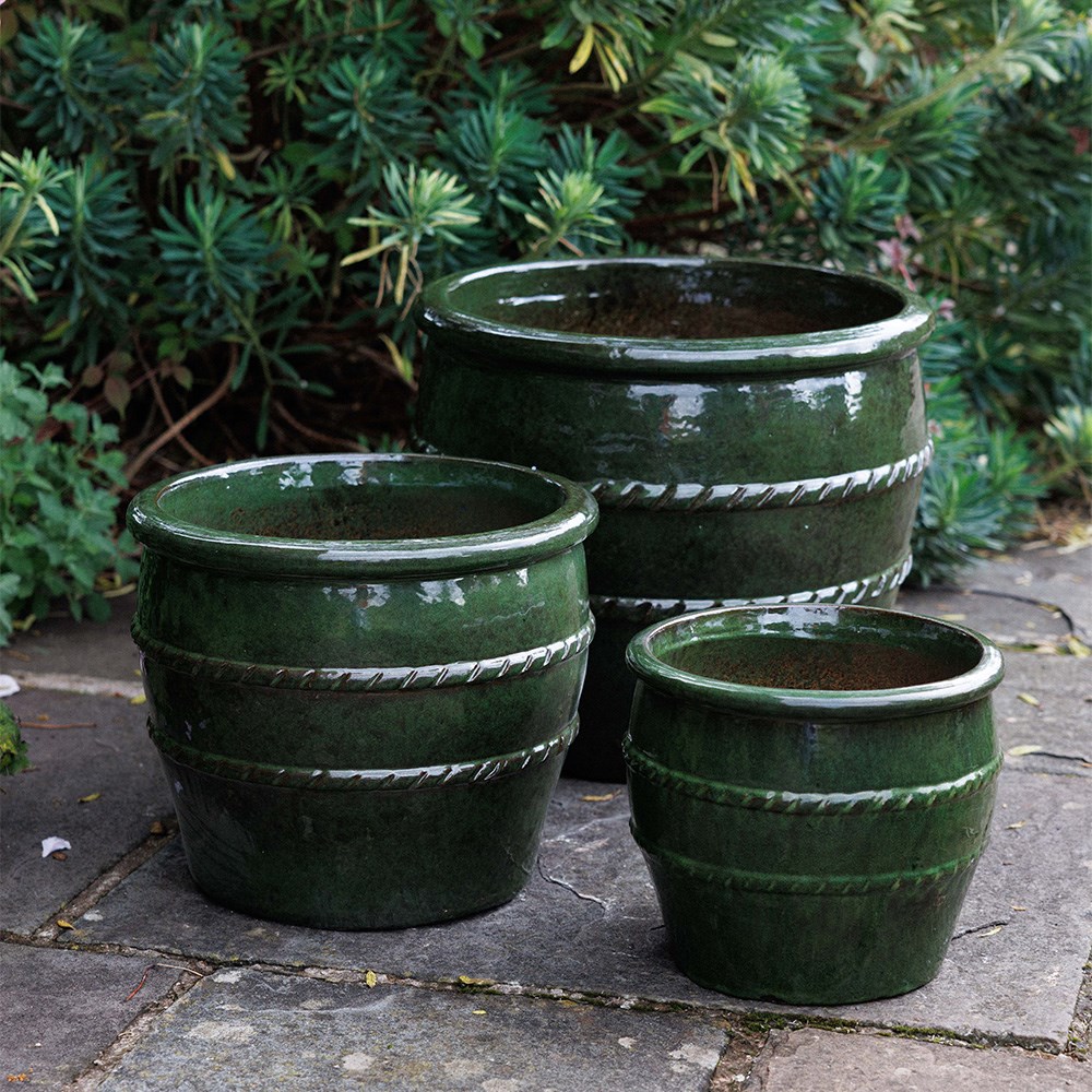 Glazed terracotta planter with rope detail - green