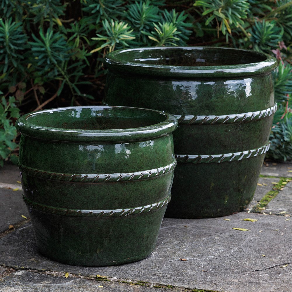 Glazed terracotta planter with rope detail - green