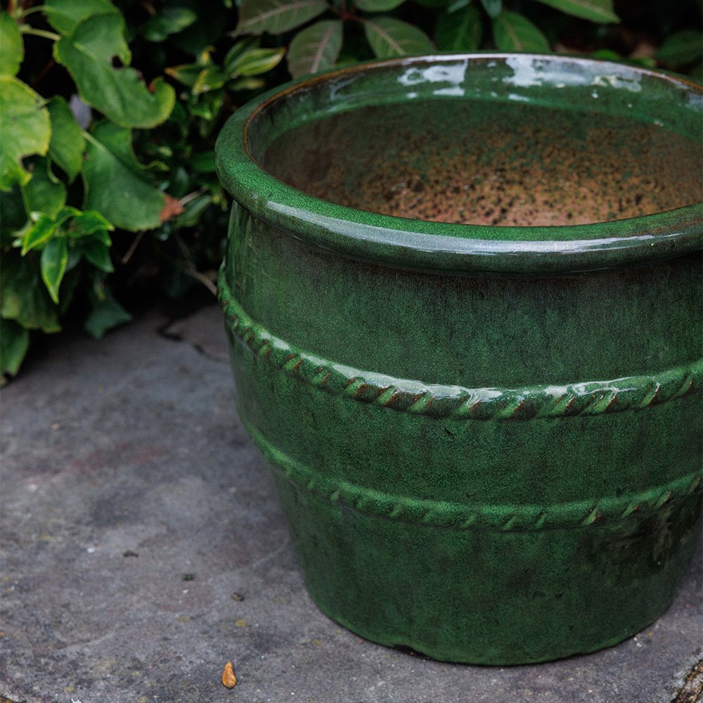 Glazed terracotta planter with rope detail - green