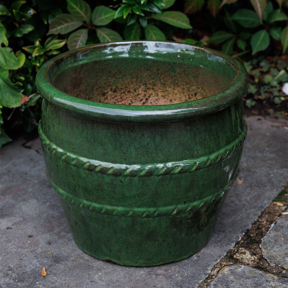 Glazed terracotta planter with rope detail - green
