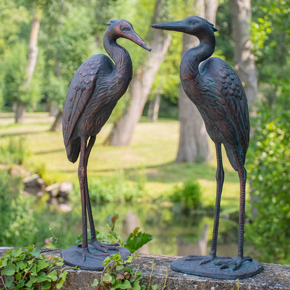Set of 2 standing cranes - aged verde