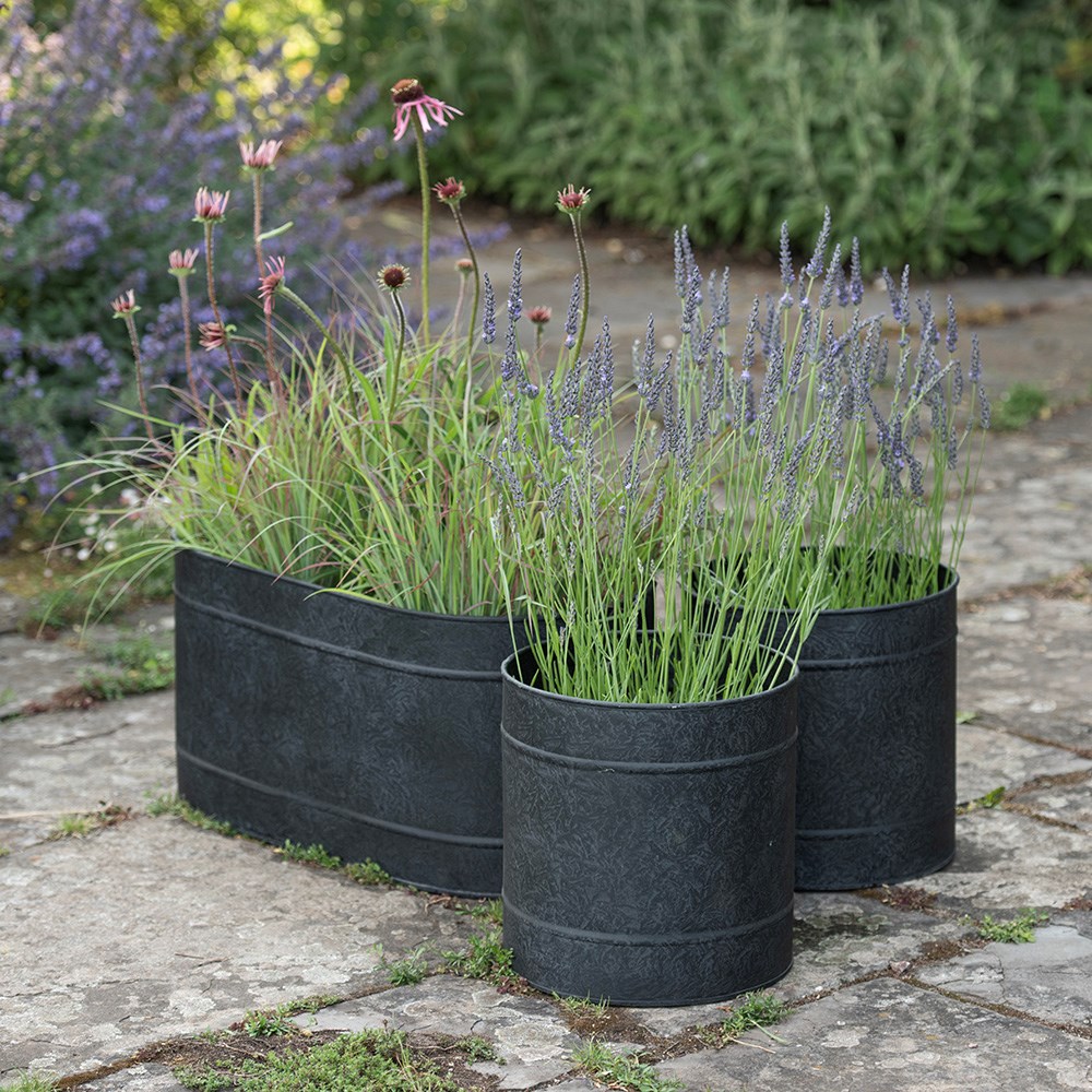 Galvanised metal planter and trough set - charcoal
