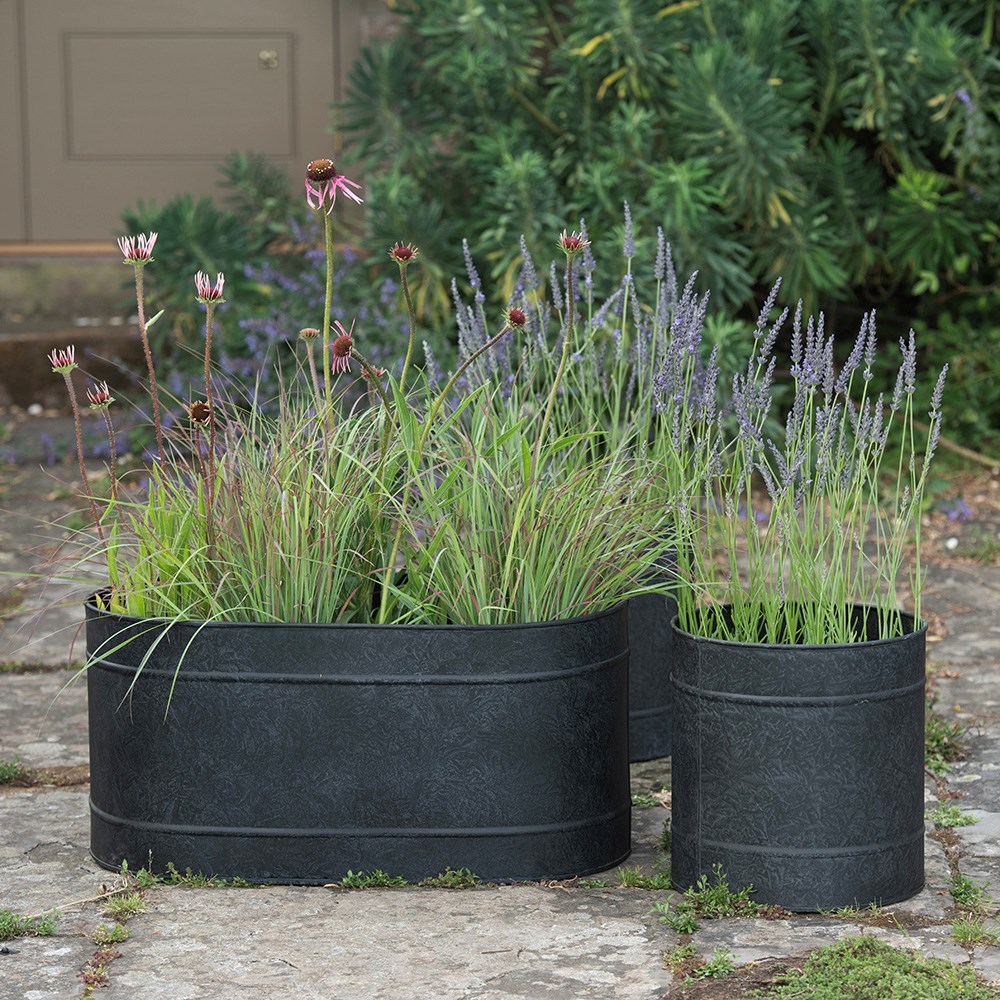 Galvanised metal planter and trough set - charcoal