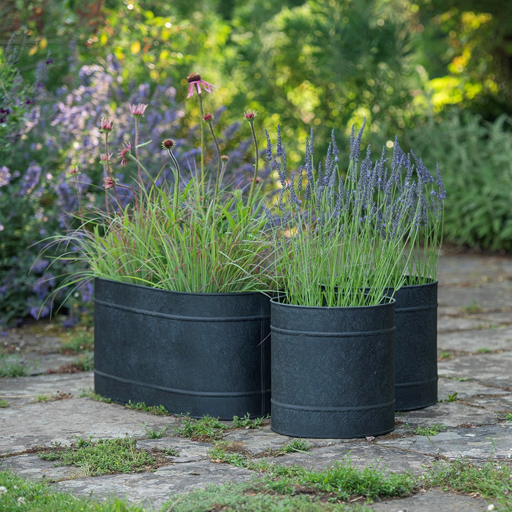 Galvanised metal planter and trough set - charcoal