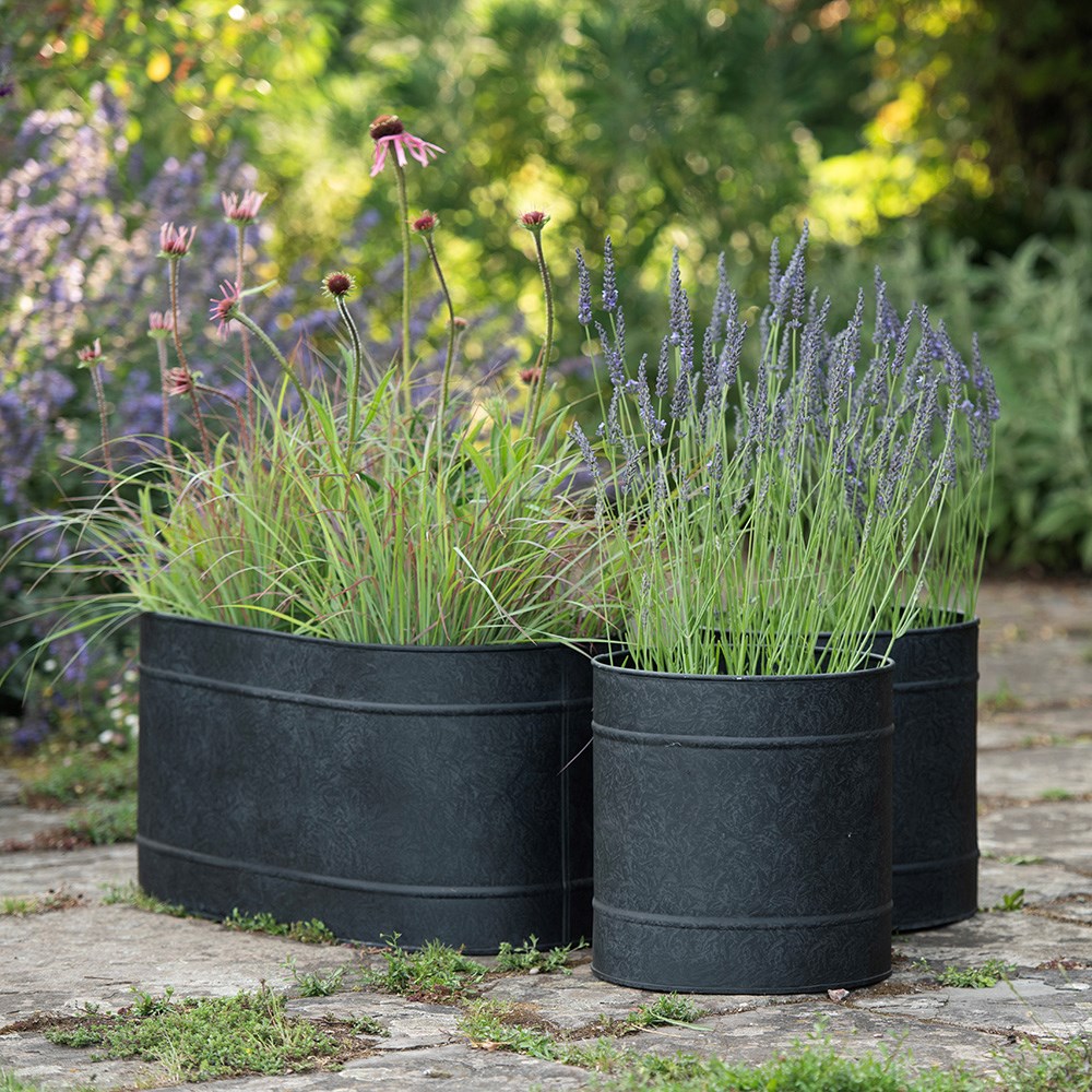 Galvanised metal planter and trough set - charcoal