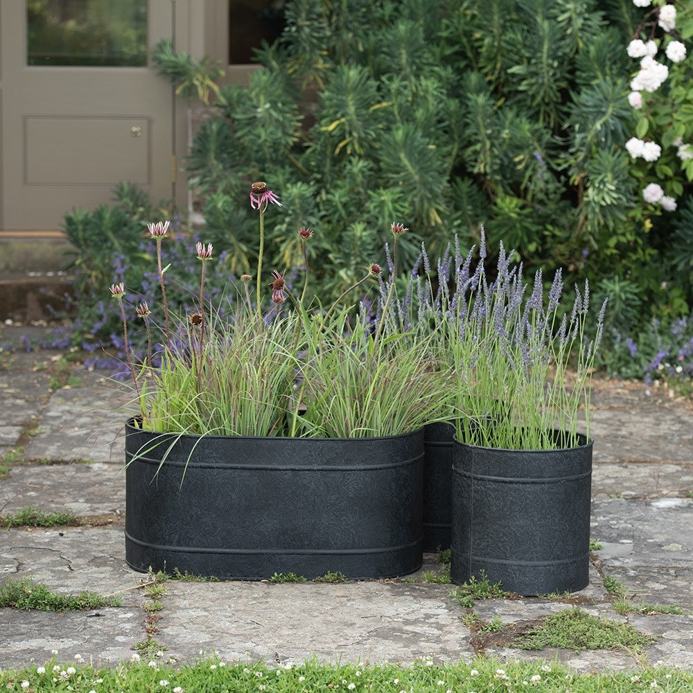 Galvanised metal planter and trough set - charcoal
