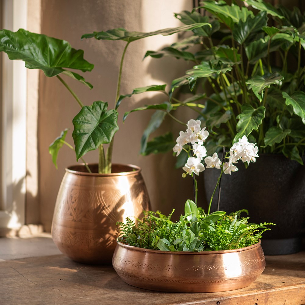Traditionally etched copper bowl