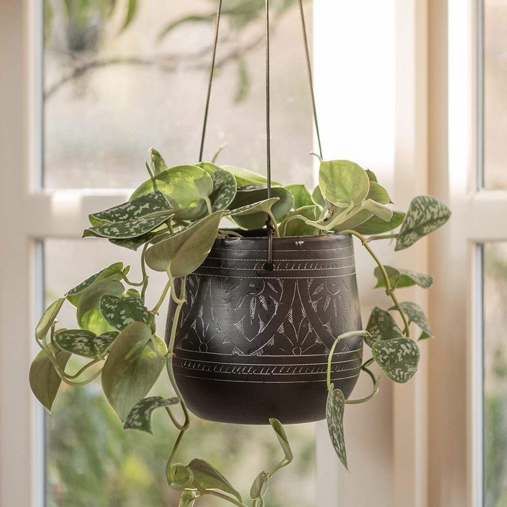 Traditionally etched black hanging pot 