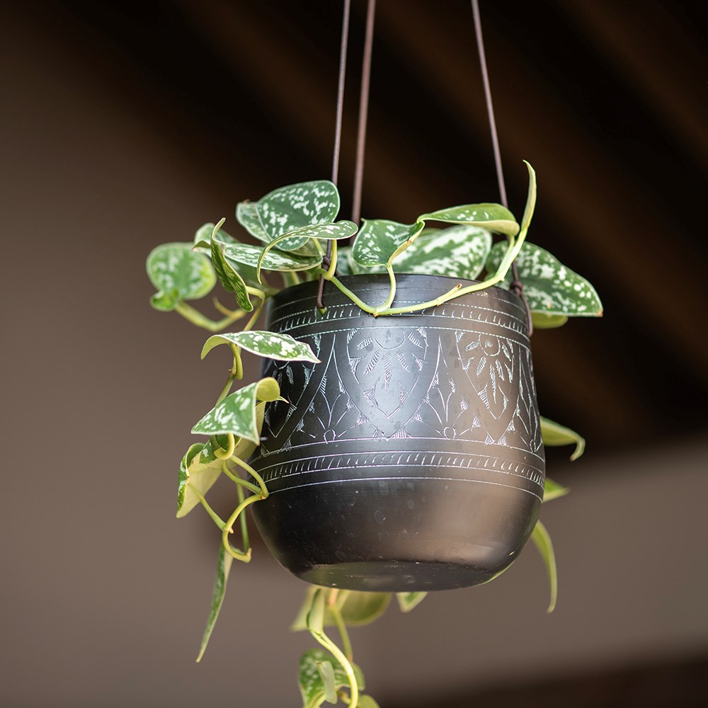 Traditionally etched black hanging pot 