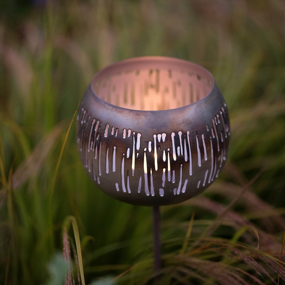 Etched burnt silver tealight holder stake