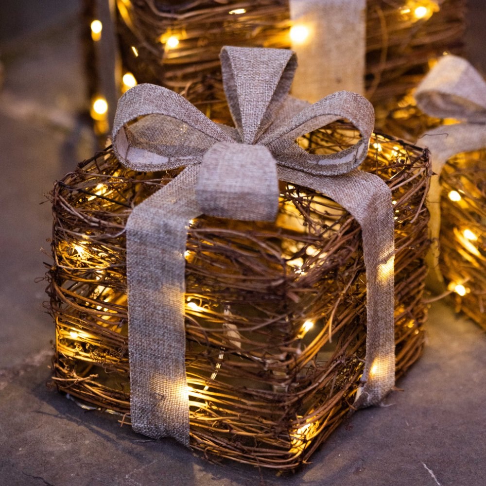 Three light up rattan gifts