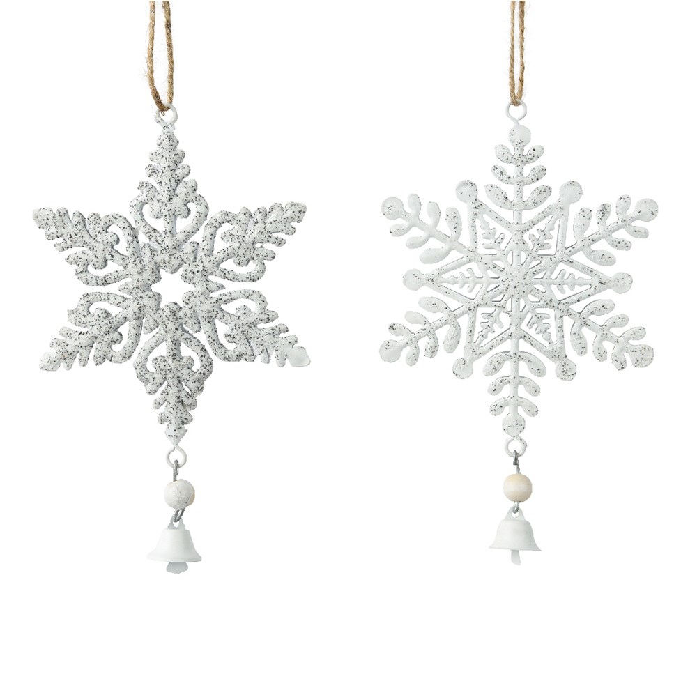 Two white metal snowflakes