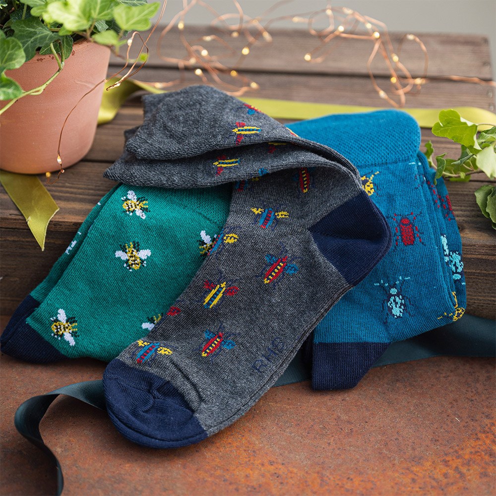 Men's 3 pair gentle grip socks - insects