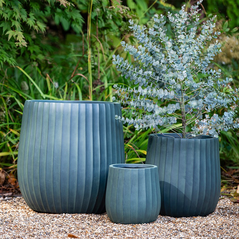 Set of three column ribbed pots - dark teal
